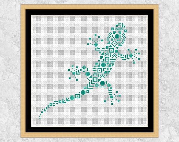 Geometric Gecko cross stitch pattern - on white with frame
