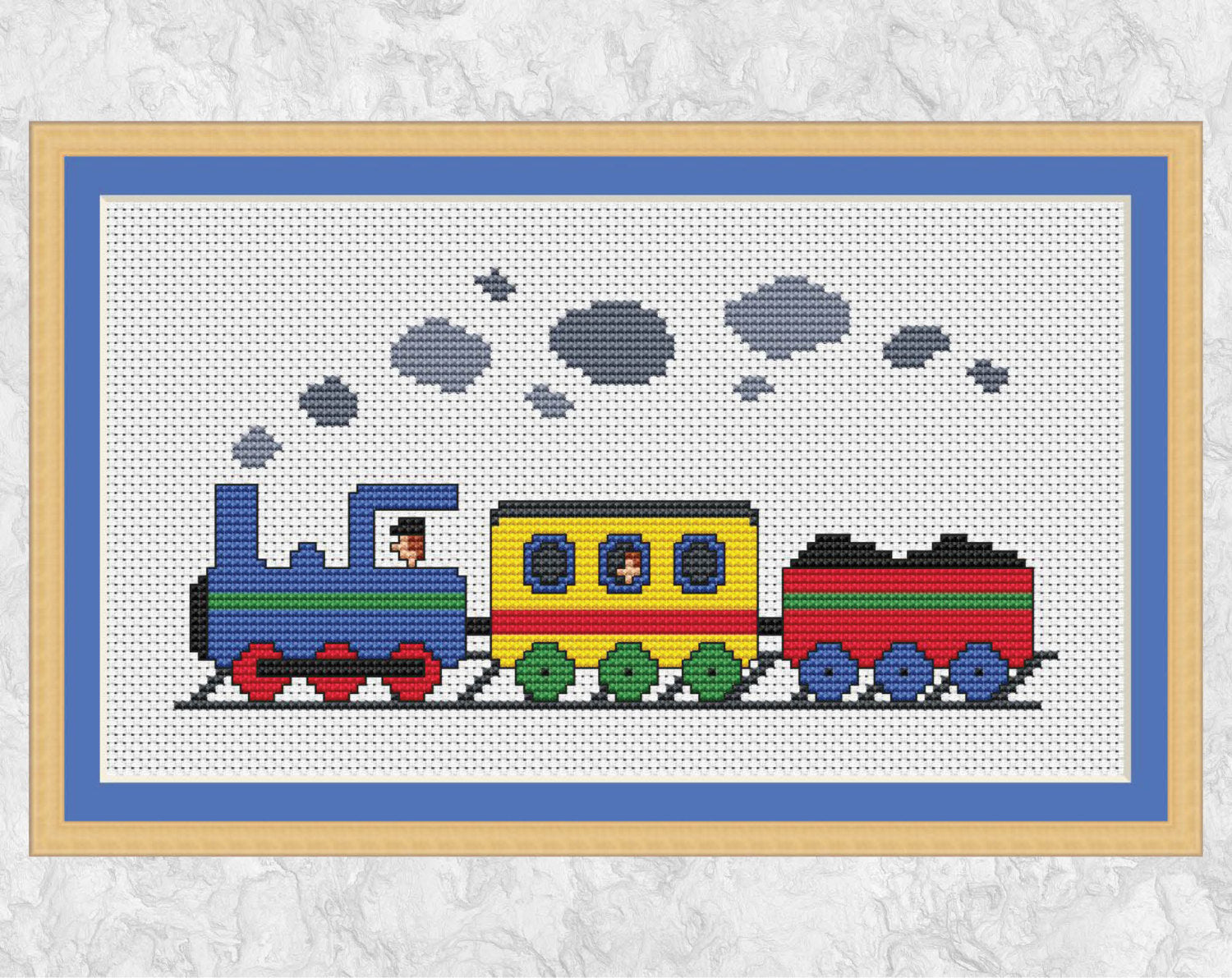 Cartoon Toy Steam Train cross stitch pattern - with frame