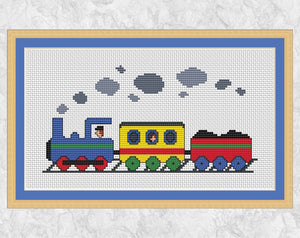 Cartoon Toy Steam Train cross stitch pattern - with frame