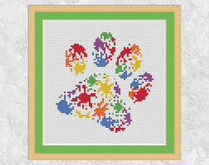 Splattered Paint Paw Print cross stitch pattern - for dog and cat lovers