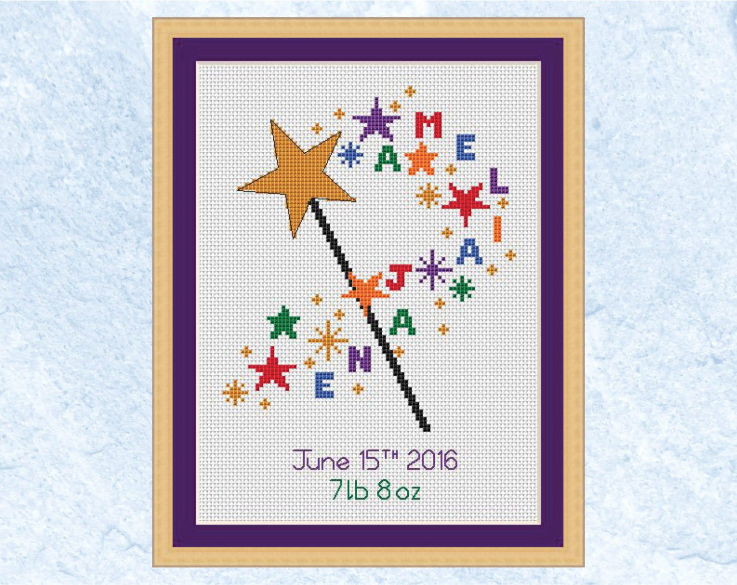 Custom cross stitch pattern of a magic wand spelling out the child's name in colourful letters. The pattern will feature the name(s) and birth details of your choice (or no birth details if preferred). Shown with frame.