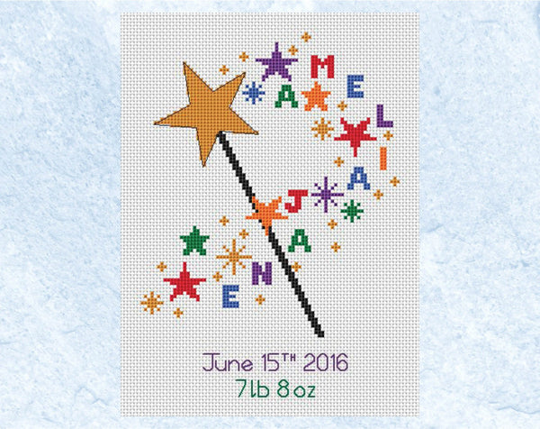 Custom cross stitch pattern of a magic wand spelling out the child's name in colourful letters. The pattern will feature the name(s) and birth details of your choice (or no birth details if preferred). Shown without frame.