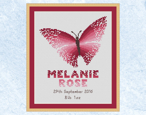 Custom cross stitch pattern of a magical butterfly with a child's name underneath, or two names of a couple getting married. Pink coloured version.