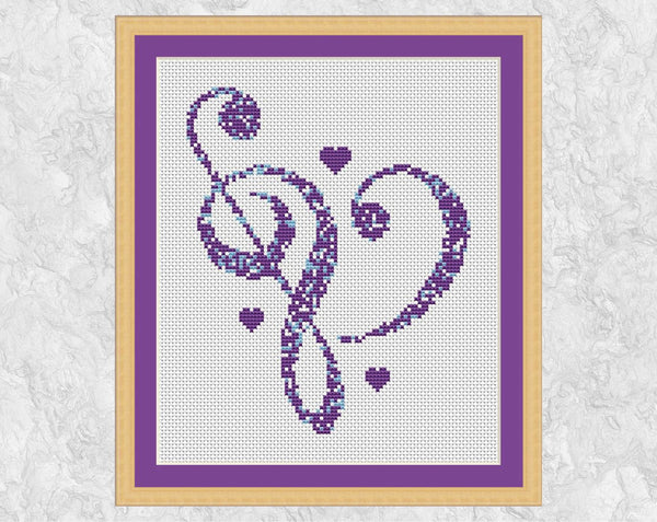 Music Clefs Heart cross stitch pattern - with frame