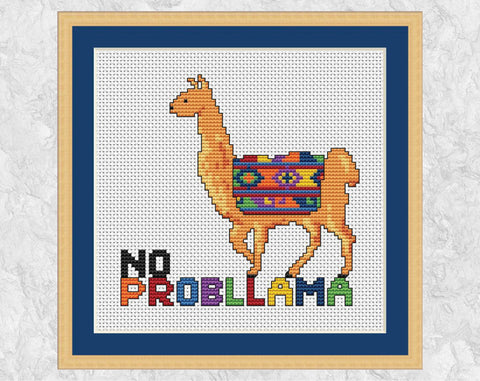 'No Probllama' Llama cross stitch pattern - with frame