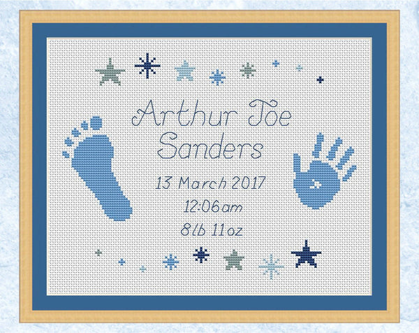 Custom cross stitch birth sampler pattern showing the baby's name and details, a baby handprint and footprint and stars. Blue and grey colouring; alternative colours can be requested.