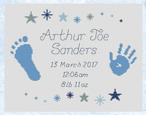 Custom cross stitch birth sampler pattern showing the baby's name and details, a baby handprint and footprint and stars. Example name is Arthur Joe Sanders.