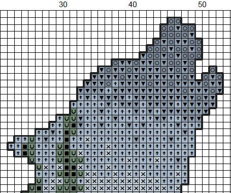 Cross stitch pattern of a wolf silhouette filled with a scene of a moonlit pine forest, with the moonlight reflecting off snow-covered ground. Section of PDF.