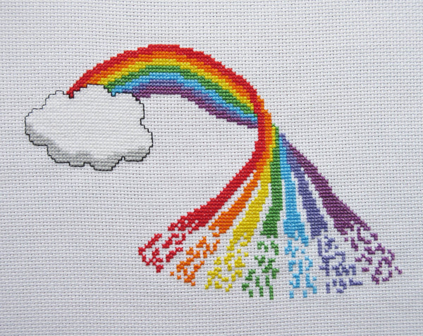 Rainbow cross stitch kit. Stitched piece of colourful rainbow twisting out of a cloud.