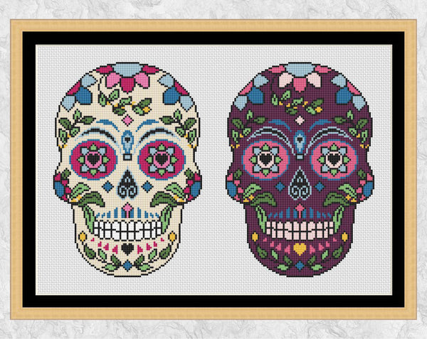 Sugar Skulls cross stitch pattern - white and purple candy skulls, with frame