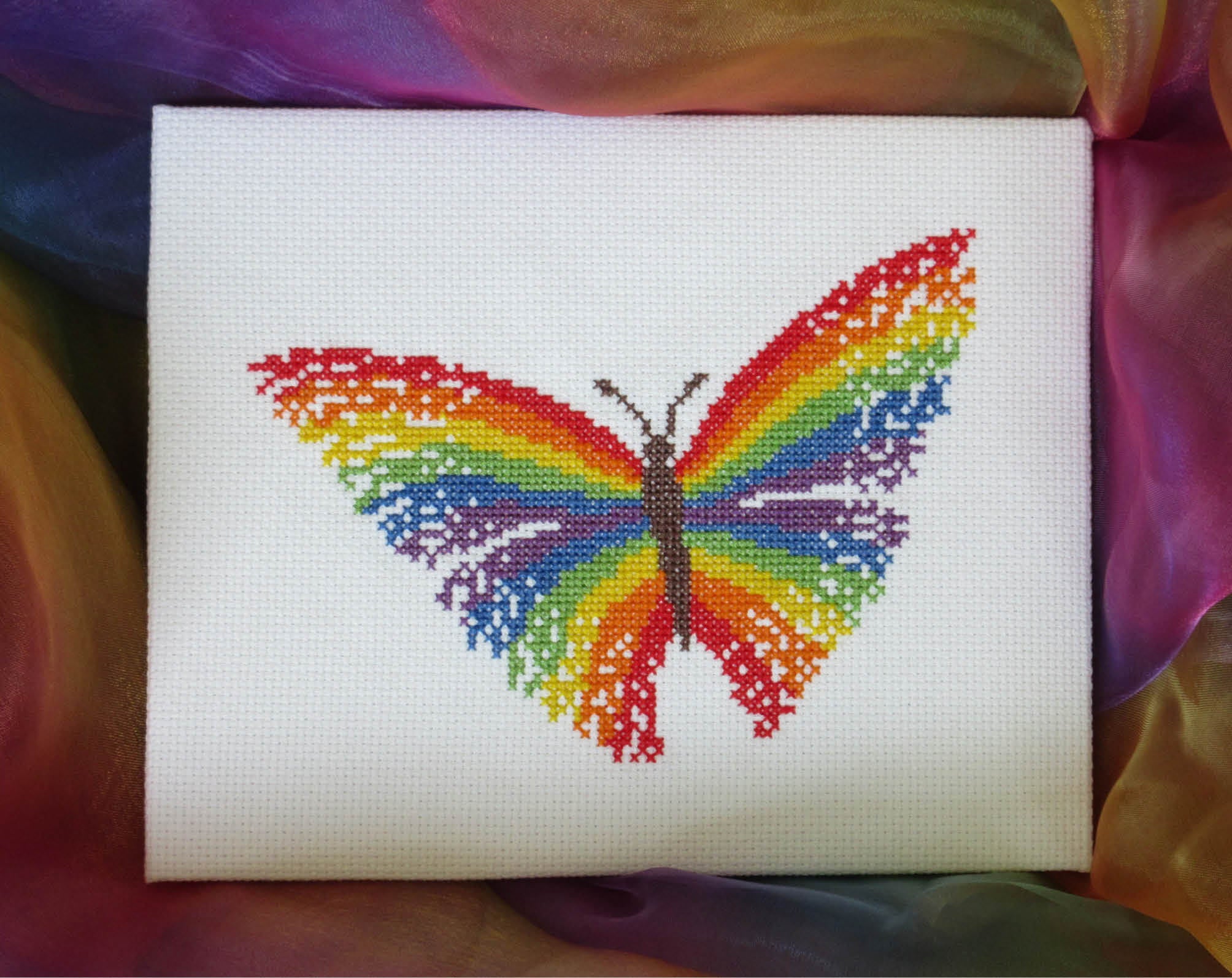 Rainbow Butterfly cross stitch pattern - stitched piece displayed on rainbow coloured fabric