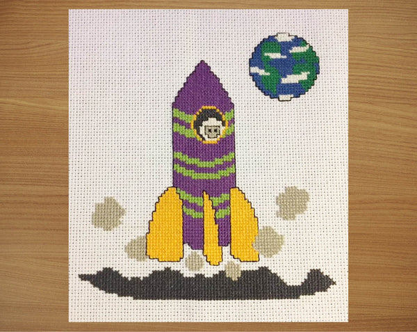 Cartoon Space Rocket cross stitch pattern - stitched piece