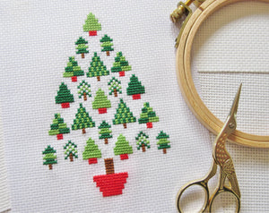 Christmas Tree of Trees cross stitch pattern with hoop and scissors