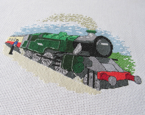 Realistic Steam Train cross stitch pattern - angled view of stitching