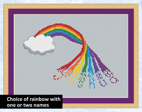 Personalised rainbow cross stitch pattern - rainbow with name emerging from it. Version with one name.