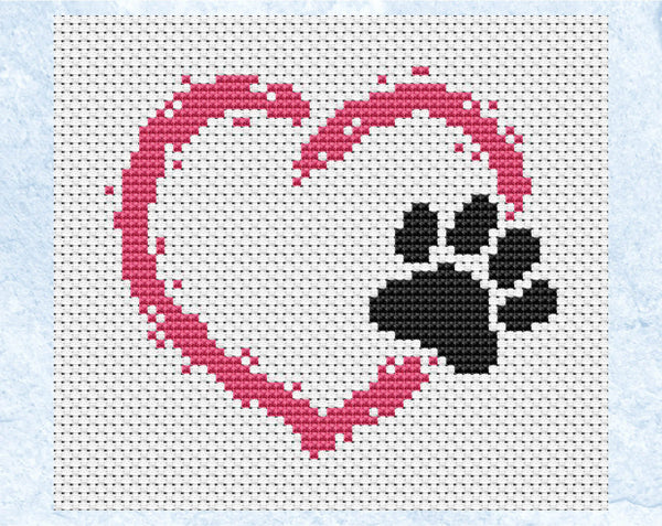 Pink mini paw print heart cross stitch pattern