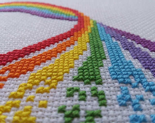 Rainbow Maypole cross stitch pattern - close up view of stitching