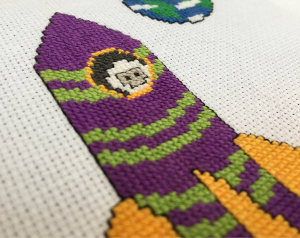 Cartoon Space Rocket cross stitch pattern - second angled view of stitched piece