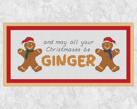 Christmas cross stitch pattern of two cheery Gingerbread men and the words "and may all your Christmases be Ginger". Shown with frame.