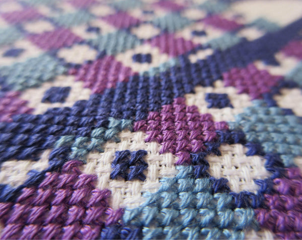 Geometric Saturn - Space cross stitch pattern - very close up image showing individual stitches