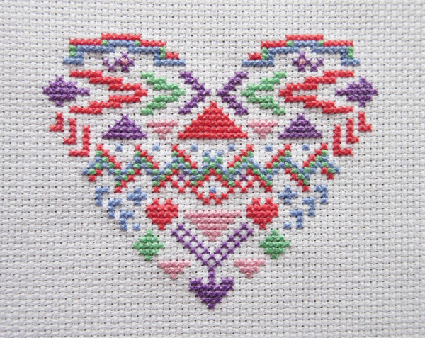 Geometric Heart cross stitch pattern in pastel colours - picture of stitching