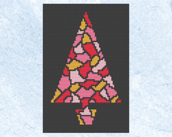 Mosaic Christmas Tree cross stitch pattern - stained glass effect - pink colorway