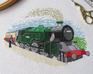 Realistic Steam Train cross stitch pattern - green locomotive at station