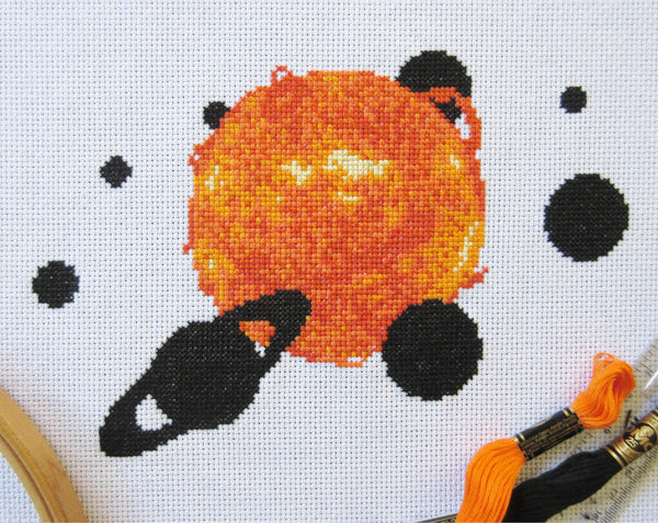 Solar System - Astronomy cross stitch pattern - Sun and planets. Stitched piece with props.