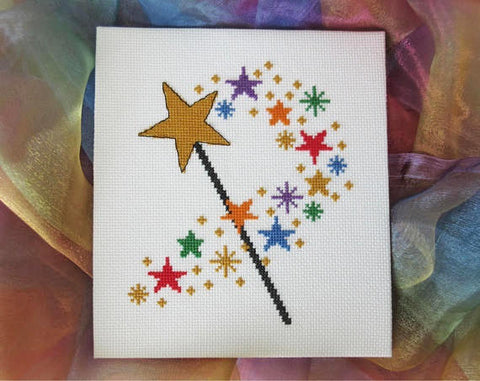 Magic Wand cross stitch pattern - Golden wand with rainbow coloured stars