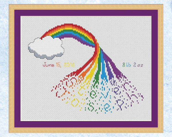 Personalised rainbow cross stitch pattern - rainbow with name emerging from it. Version with two names.