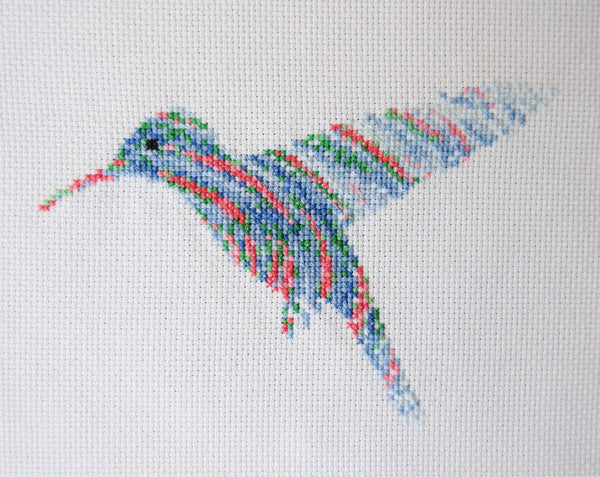 Ripples Hummingbird cross stitch kit - straight view of stitched piece.