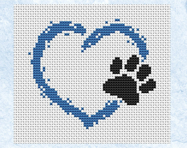 Blue mini paw print heart cross stitch pattern