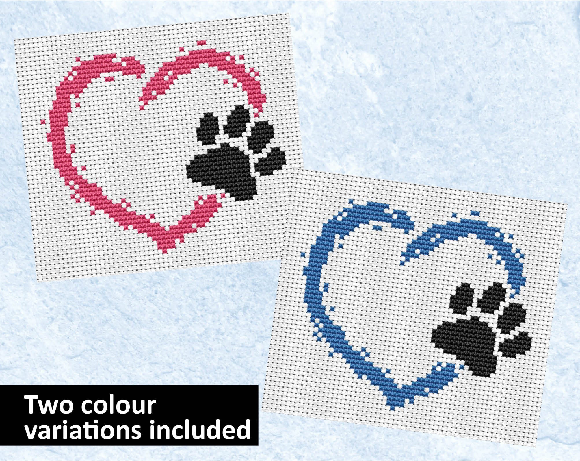 Paw Print On My Heart cross stitch pattern - pink and blue versions included