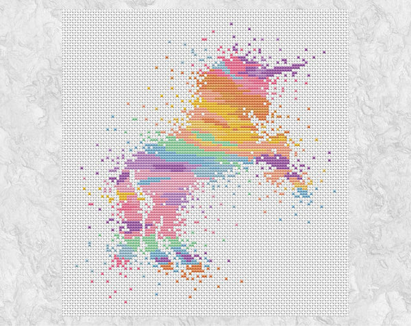 Watercolour Unicorn cross stitch pattern - magical unicorn in rainbow pastel colours. Shown with frame. Shown without frame.
