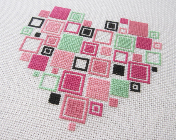 Squares Heart cross stitch pattern - in pink, green and black colours