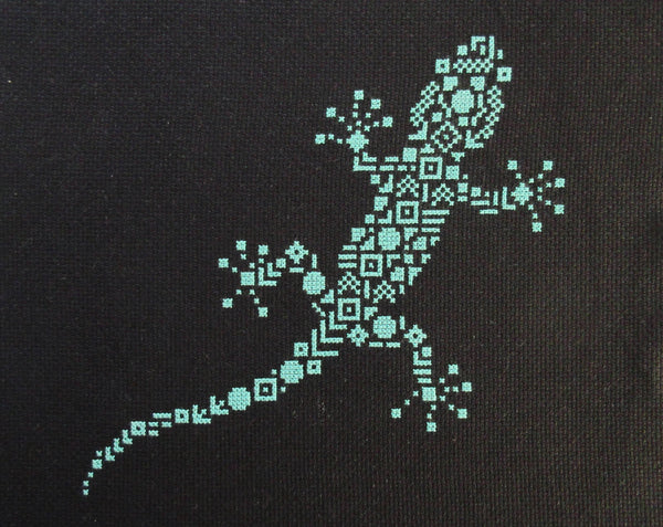 Geometric Gecko cross stitch pattern - stitched piece