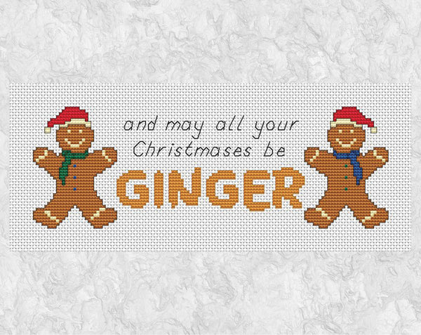 Christmas cross stitch pattern of two cheery Gingerbread men and the words "and may all your Christmases be Ginger". Shown without frame.