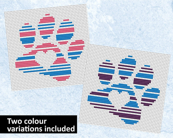 Stripy Paw Print cross stitch pattern - for dog or cat lovers - two colour variations included