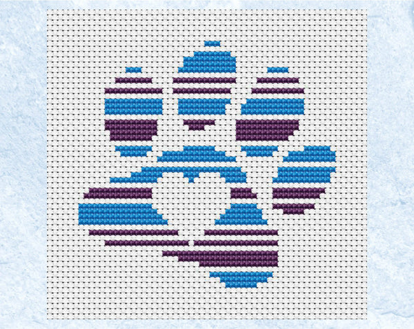 Stripy Paw Print cross stitch pattern - for dog or cat lovers - blue and purple colourway
