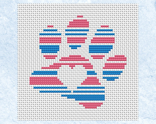 Stripy Paw Print cross stitch pattern - for dog or cat lovers - pink and blue colourway