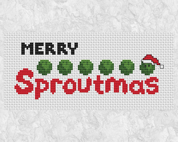 Christmas cross stitch pattern of a row of sprouts, one wearing a Santa hat, and the words 'Merry Sproutmas'. Shown without frame.