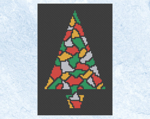 Mosaic Christmas Tree cross stitch pattern - stained glass effect - red, green, gold and silver colourway
