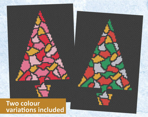 Mosaic Christmas Tree cross stitch pattern - stained glass effect - pink and xmas colourways