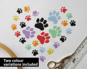 Paw print heart cross stitch pattern - stitched in rainbow colours