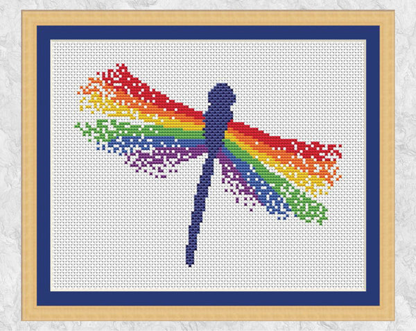 Rainbow Dragonfly cross stitch pattern - with frame