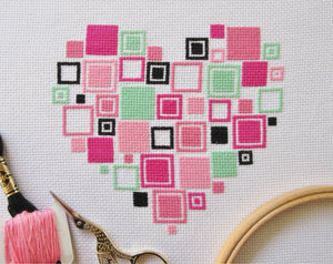 Squares Heart cross stitch pattern - picture of stitching with props