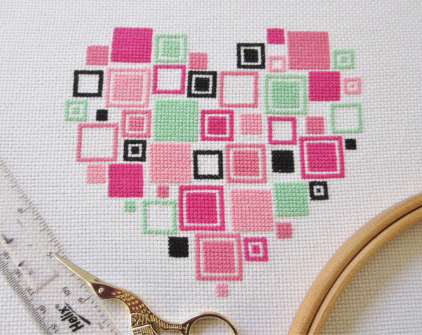 Squares Heart cross stitch pattern - another view of stitched piece
