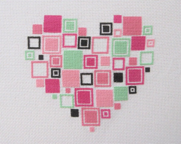 Squares Heart cross stitch pattern - straight on view of stitched piece