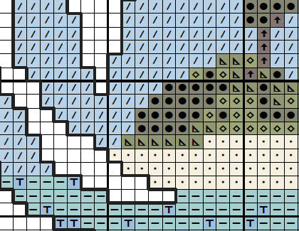 Cross stitch pattern PDF of the silhouette of a crab filled with a beautiful desert island beach. Section of PDF.