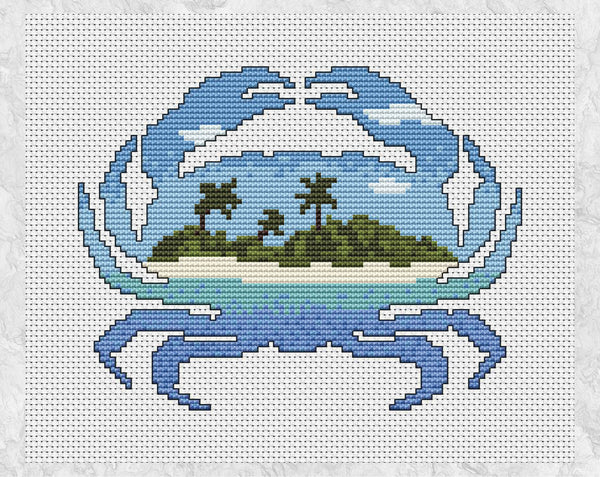 Cross stitch pattern PDF of the silhouette of a crab filled with a beautiful desert island beach. Without frame.